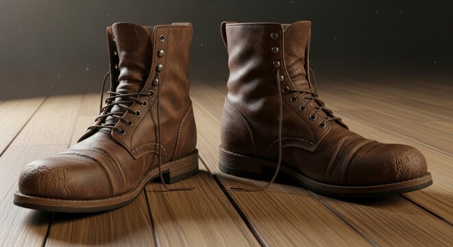 Brown leather work boots on floor.