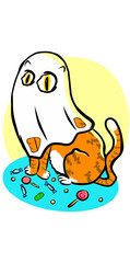 Zabawny kot w kostiumie ducha, ilustracja Halloween, uroczy i humorystyczny design