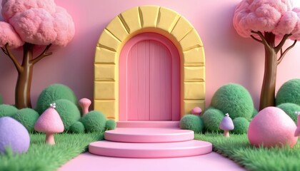 Naklejka premium Pink fantasy door with yellow archway. Whimsical garden scene has green bushes pink trees, and pastel stages. Soft, cute, playful, cheerful backdrop.