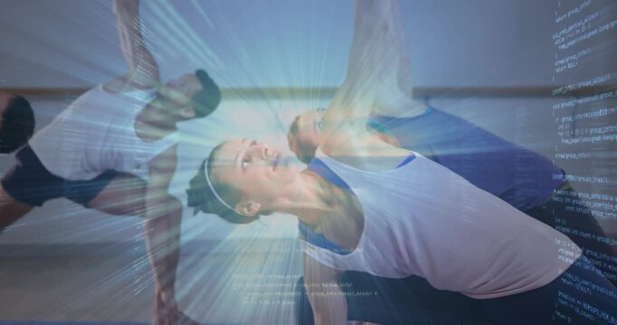 Vertical video: Blue overlay sweeping as front woman holding side angle, guiding group for balance