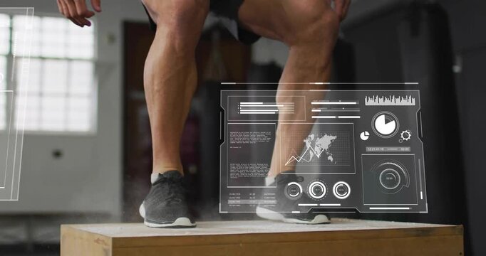 Man taking short run and performing explosive box jumps in fitness gym, HUD charts tracking power