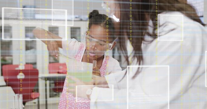 Teacher holding beaker, student measuring green liquid with pipette for lab lesson, grid overlaying