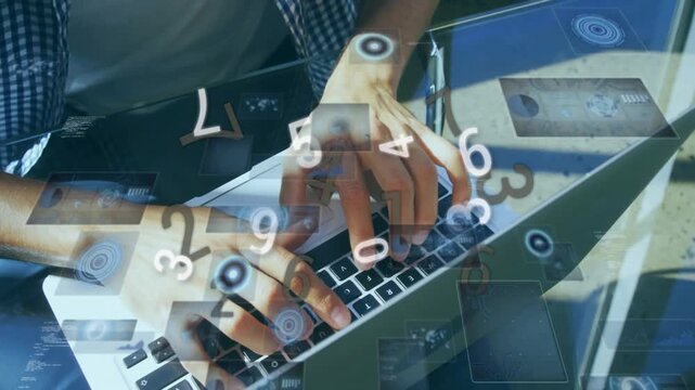 Vertical video: Starting man in checked shirt sleeves up typing work on laptop by glass rail HUD