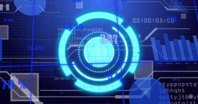 Animating central cyan concentric HUD reticle at virtual dashboard, pulsing rings, moving crosshair