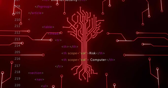 Animating central glowing circuit-tree icon forming lit traces on red backdrop with scrolling HTML