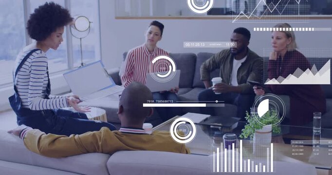 Vertical video: Presenting woman in striped top flipping binder pages in lounge, explaining data