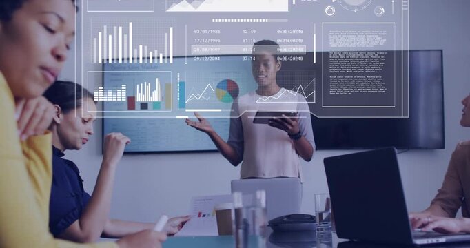 Vertical video: Starting talk woman in light top tablet pointing at screen in room HUD showing data