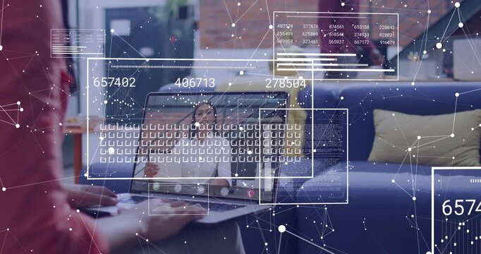 Vertical video: Typing red top hands watching HUD showing over home laptop for call, analyzing data