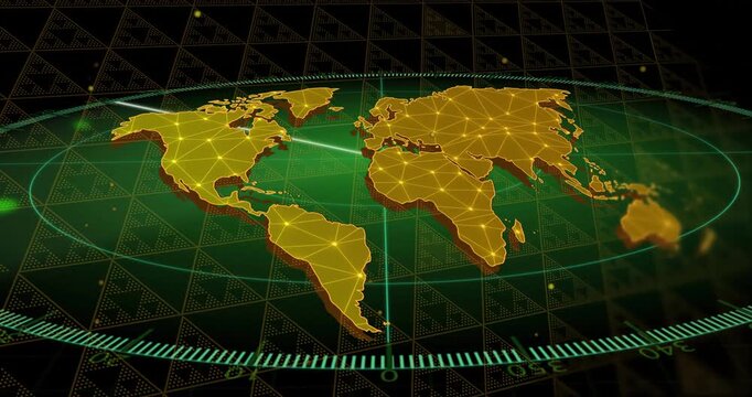 Vertical video: Starting sweep from lower-right, gold 3D map scanning network nodes on green base
