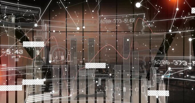 Playback starting financial data rising over atrium bars shifting nodes forming highlighting trends