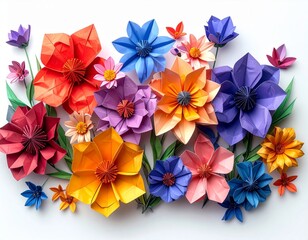 Obraz premium Vibrant Origami Flowers Collection on White Background Bright Daylight Illumination