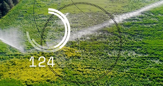 Rotating sprinkler spraying jet activating HUD overlay, arcs filling then shrinking, tracking water