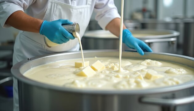Dairy worker pours liquid milk into big steel vat with curds. Cheese production in factory. Food processing industry with industrial equipment. Pro food making.