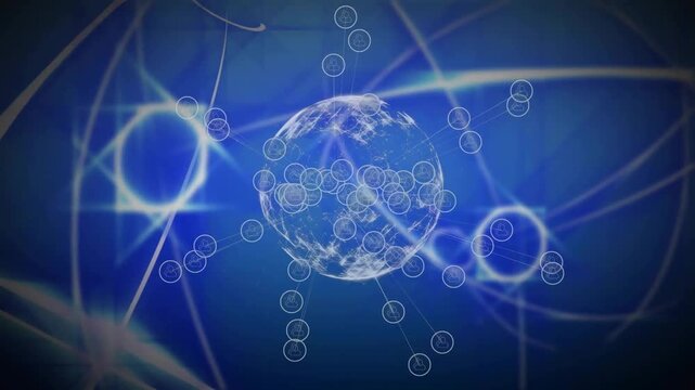 Vertical video: Turning glass globe, rings pulsing over navy backdrop as sweeping arcs form orbits