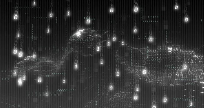 Vertical video: Falling binary glyphs forming wavy point cloud terrain, revealing data hubs in tech