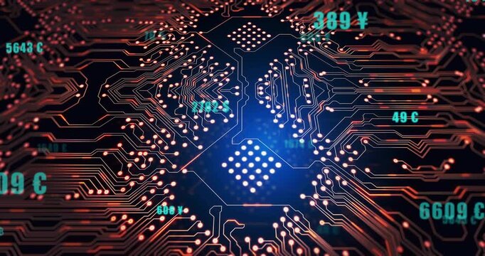 Central chip glowing, nodes pulsing, tech holograms sliding, updating &yen; &pound; $ temp C for monitoring