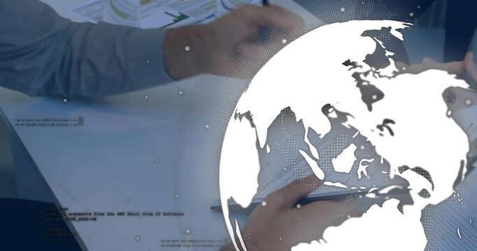 Male and female colleagues reaching for pen, signing forms for contract approval while globe moving