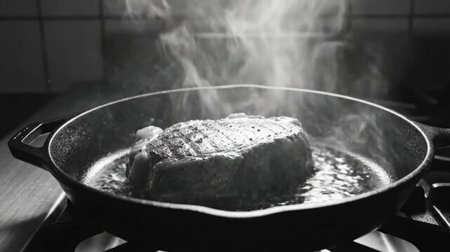 Black and white video of a ribeye steak searing in a cast iron skillet over a gas burner creating steam
