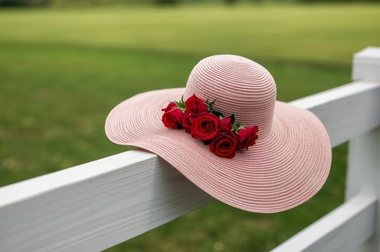 AI-generated elegant pink sun hat with red roses on a fence
