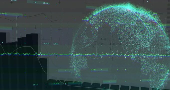 Particle globe forming from right, evolving and animating graphs over skyline baseline showing data