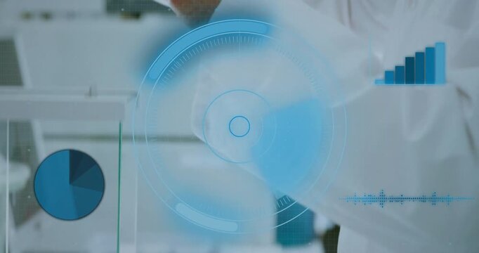 Senior scientist placing sample on balance behind glass shield, causing HUD charts for lab testing