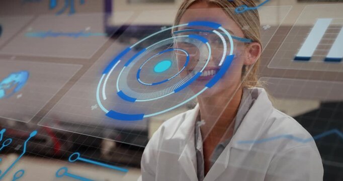 Responding to rotating HUD, gloved scientist lab coat glasses placing beaker by tube rack smiling