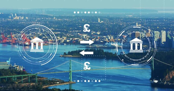 Financial HUD overlay cycling currency icons as cargo ship passing under bridge causing updates