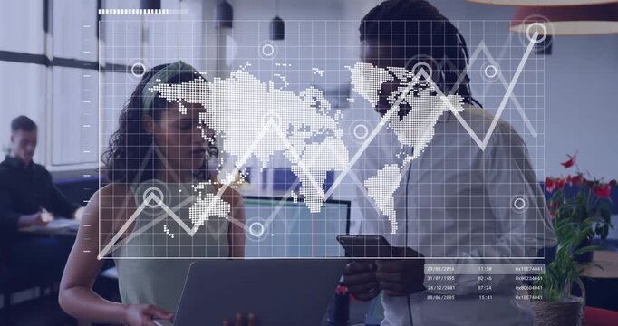 Translucent-map overlay appearing team holding laptop, phone tapping comparing data showing growth