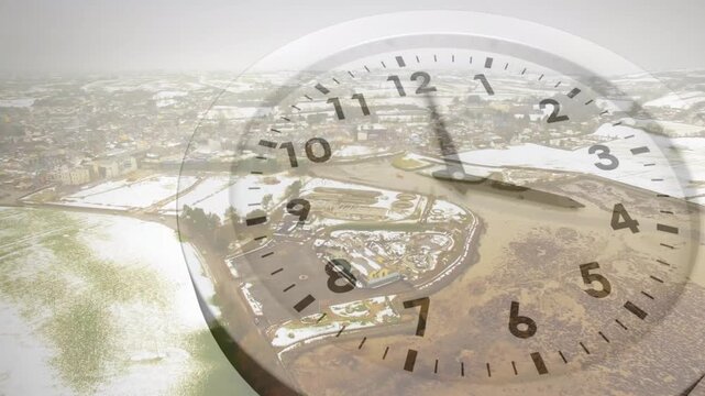 Vertical video: Animating faint clock face with moving hands over coastal town, tracking time