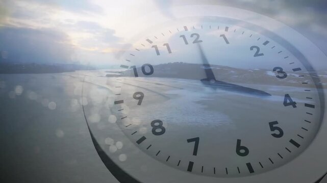 Flight moving making translucent clock sweeping across coast via plane window showing aviation time