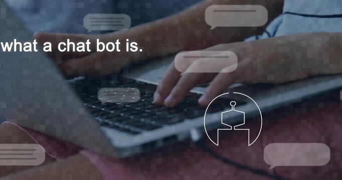 Boy typing on lap laptop, typing query causing chat bubbles and robot explaining chatbot for tech