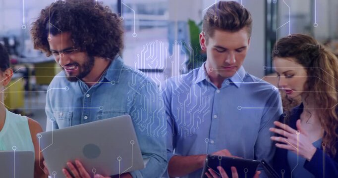 Reacting to overlay, business-casual team tapping tablet and reviewing content in open-plan office