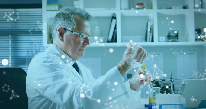 Preparing tools, scientist drawing yellow liquid using pipette, dispensing into tubes for analysis