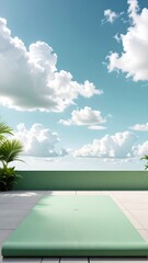 Obraz premium Serene Outdoor Yoga Mat Setup Under A Bright Blue Sky With Fluffy Clouds