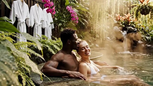 Diverse couple relaxing in an outdoor spa garden hot spring. Interracial man and woman enjoying a steaming pool surrounded by tropical plants and a waterfall. Luxury wellness vacation