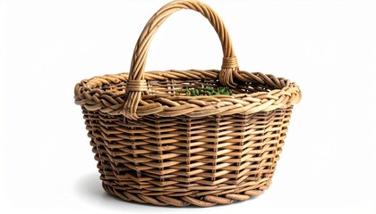 Obraz premium Woven Wicker Basket with Green Spheres on White Background Isolated Studio Shot
