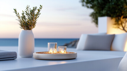 Fototapeta premium Tabletop fire pit burning on a wooden table, providing warmth and ambiance at sunset, creating a relaxing and luxurious outdoor living experience by the calm ocean