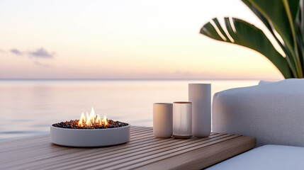 Obraz premium Tabletop fire pit burning on a wooden table, providing warmth and ambiance at sunset, creating a relaxing and luxurious outdoor living experience by the calm ocean