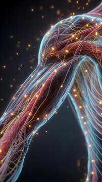 Detailed digital illustration of human muscular and nervous system with glowing neural pathways.