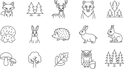 Collection of cute forest animals and plants in a simple line art style © Vitechek