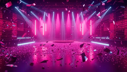 Obraz premium AI-generated futuristic concert stage with neon lights and confetti 