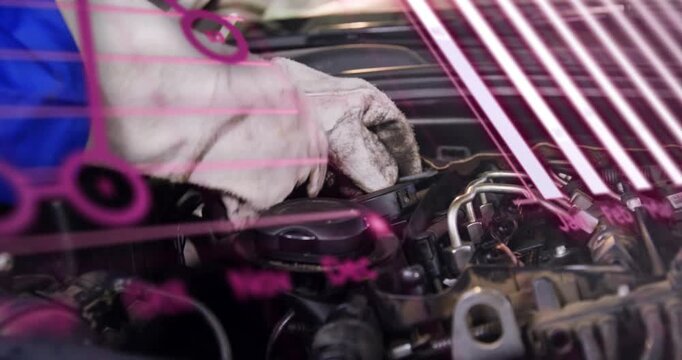 Mechanic gloved arm entering hood, turning cap, adjusting hoses, showing pink overlay for repair