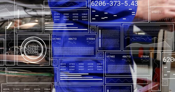 Male technician entering data, moving to engine bay, diagnosing parts while UI readouts overlaying