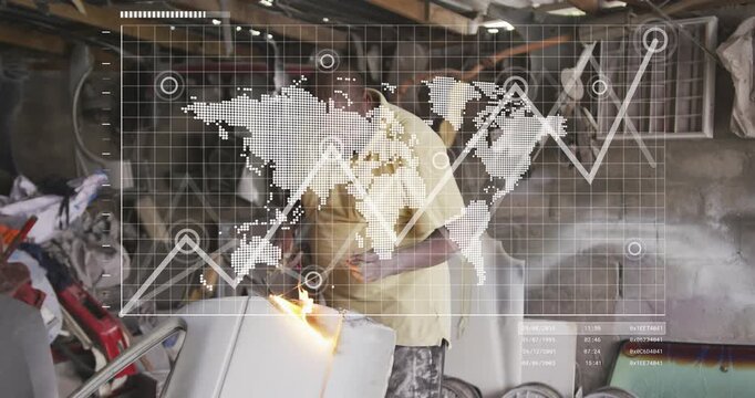 Man leaning, bringing torch and cutting for repair, HUD map overlaying torso and graph climbing