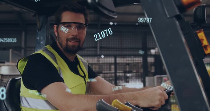 Forklift operator reaching for controls in warehouse, adjusting levers while data floating, ready
