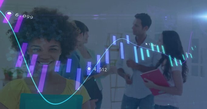 Smiling woman holding turquoise folder animated chart moving team studying data office, copy space