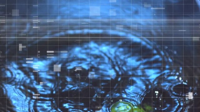 Top-frame release sending green sphere falling into water, impacting surface, rippling digital grid