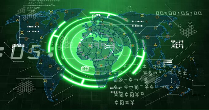 Concentric green rings brightening and expanding, map fading, markers appearing, showing telemetry