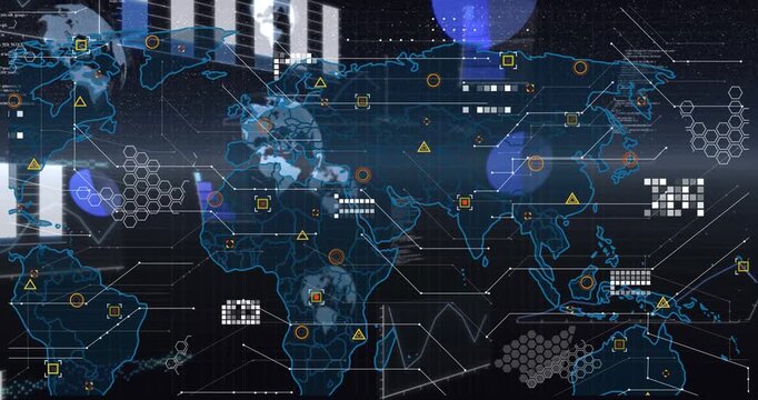 Scan line sweeping, cyan map loading HUD, filling hex clusters, scrolling code for data monitoring
