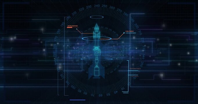 Aerospace HUD booting, assembling rocket wireframe while scanning rings for fuel check and thrust
